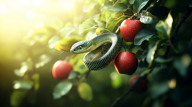 Garden serpent apple tree temptation sunlight religion