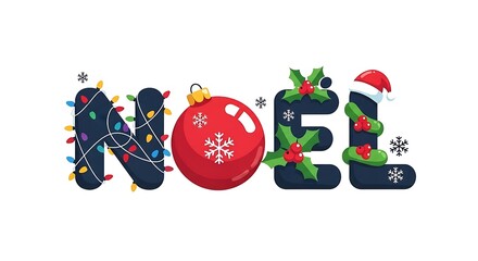 Fototapeta premium Festive Christmas Noel Typography with Red Bauble, Holly Leaves, and Colorful Holiday Lights