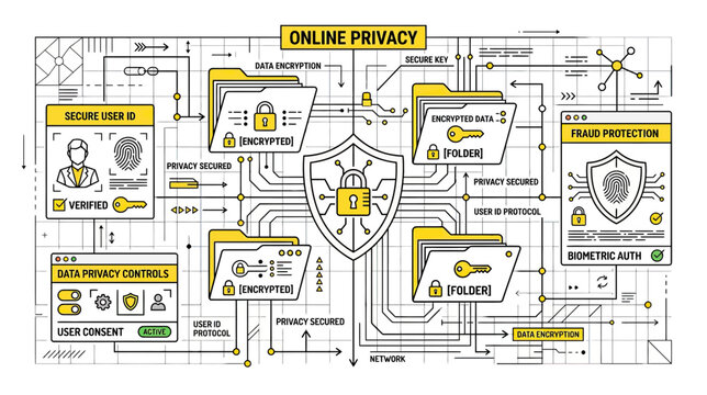Online Privacy and Data Security Concept: Digital Shield, Encryption, User ID, Fraud Protection