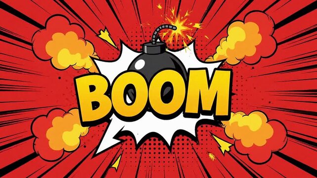 Animated comic book style boom explosion with bomb icon pop art cartoon action dynamic