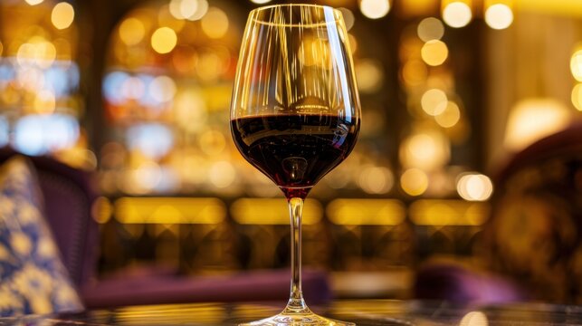 Elegant glass of red wine on wooden table with blurred warm bokeh light background in cozy bar setting for wine tasting and relaxing evening ambiance