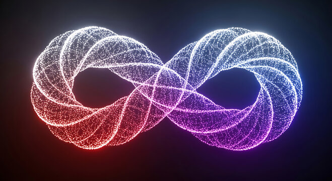 Glowing infinity symbol made of particles transitioning from red to purple loop endless