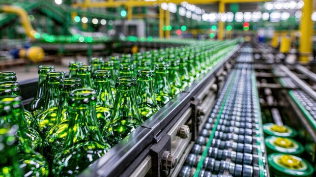 Close-up view of green glass bottle production line with conveyor belt in modern factory for beverage packaging and manufacturing process