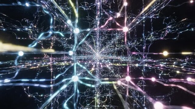 Abstract digital network visualization, glowing nodes connected by light trails in a dark vast space, futuristic technology concept, data flow, artificial intelligence