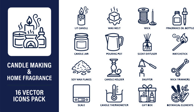 Collection of Line Art Crafting Icons for Homemade Candle Making and Home Fragrance Aromatherapy Supplies.