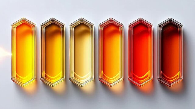 Six colorful geometric shapes in a row