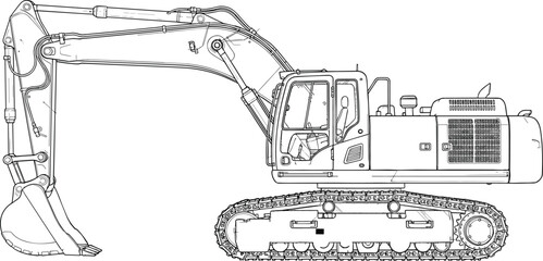 Heavy construction tracked excavator machine side view line art illustration blueprint isolated on white background design vector © MSTRAZINA