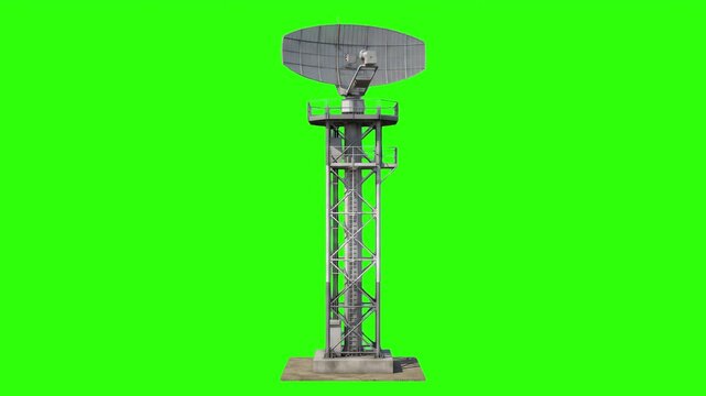 A detailed 3D animation of a military communications and surveillance radar tower rotating continuously against a chroma key green background. Excellent for defensive technology presentations, securit