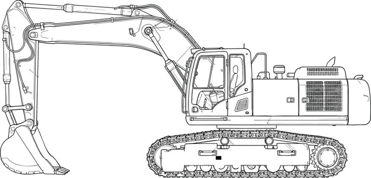 Heavy construction tracked excavator machine side view line art illustration blueprint isolated on white background design vector