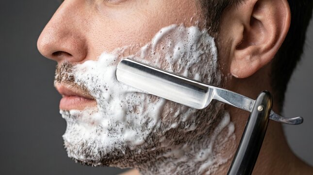 Profile view of adult man shaving thick stubble beard with traditional metallic straight razor and foam