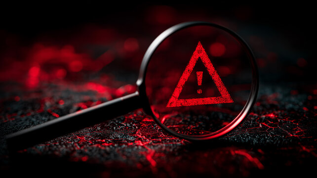 A magnifying glass focused on a warning symbol, representing risk detection, threat assessment, security investigation and proactive danger prevention.
