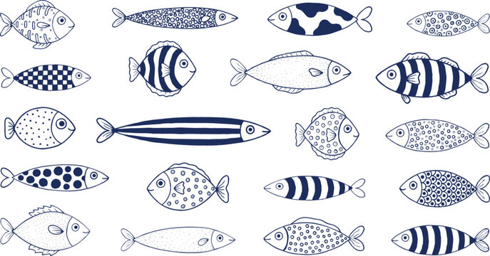 Monochrome Navy Blue Fish Line Art Vector Collection with Cute Hand Drawn Abstract Geometric Patterns for Modern Minimalist Coastal Theme Decor