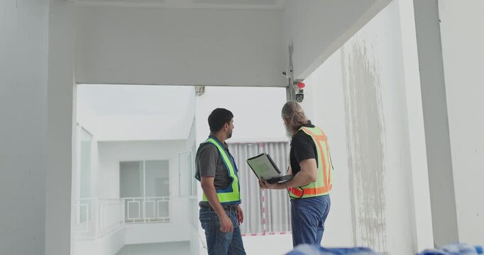  Two technicians with laptop discussing CCTV security camera installation at building site