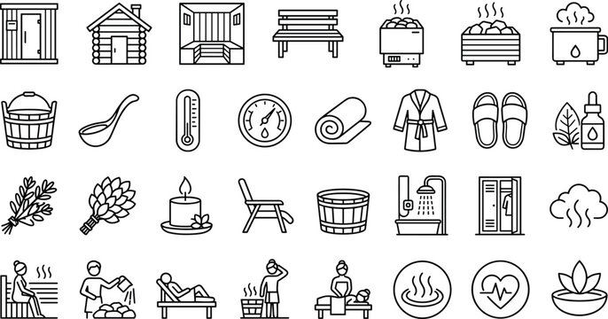 Finnish Sauna and Luxury Spa Wellness Icon Set with Steam Room Hot Stones Massage and Relaxation Elements Line Art VectorFinnish Sauna and Luxury Spa Wellness Icon Set with Steam Room Hot Stones Massa