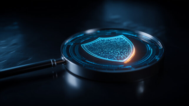 A magnifying glass examining a digital shield, representing cybersecurity inspection, threat detection, data protection and security risk assessment.
