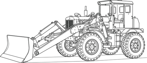 Heavy industrial wheel loader tractor with front shovel blade attachment line art illustration drawing blueprint design vector © MSTRAZINA