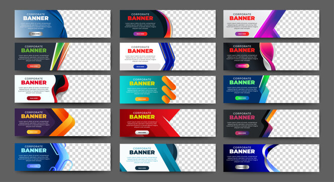 Big set of horizontal business banner templates. Modern technology design, abstract background layout with photos. Editable Vector corporate and advertising business banner layout template. vector