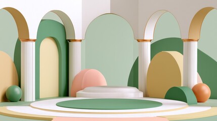 Fototapeta premium Architectural arcade with green and peach geometric forms.