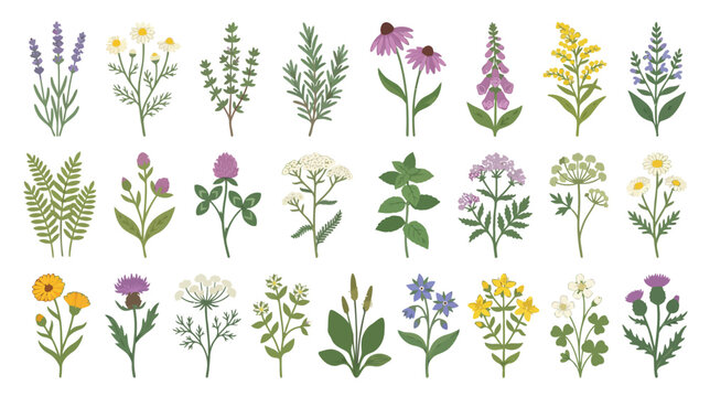 Collection of Diverse Botanical Illustrations: Herbs, Flowers, and Wild Plants