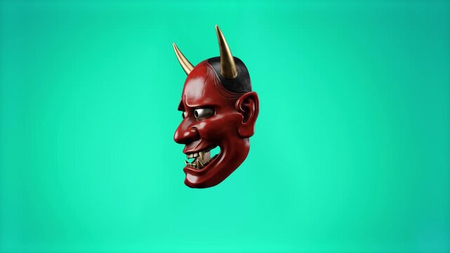 A highly detailed 3D model of a red Japanese Hannya demon mask with golden horns, rotating slowly against a solid teal background. Ideal for theater documentaries, oriental folklore videos, and modern
