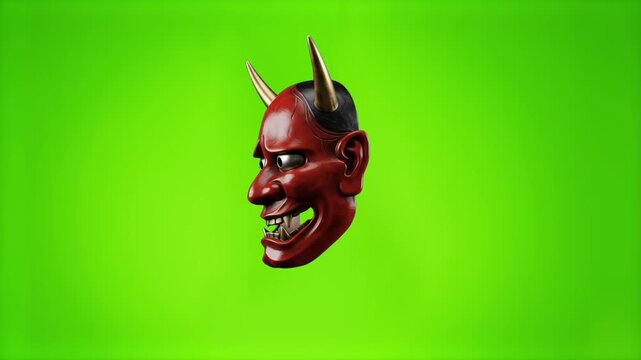 Detailed 3D render of a horned Japanese Hannya demon mask with sharp teeth, isolated on a solid green screen chroma key background. Ideal for action movie VFX overlays, gaming video editing, theatrica