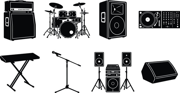 Musical instruments and audio equipment silhouette icons set with amplifier, drum kit, speaker, DJ turntable, keyboard, microphone, sound system, and stage monitor