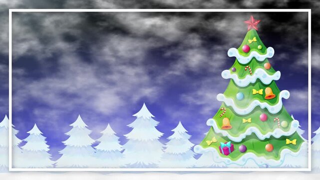 Animated Christmas Tree in Winter Forest with Drifting Cloudy Sky