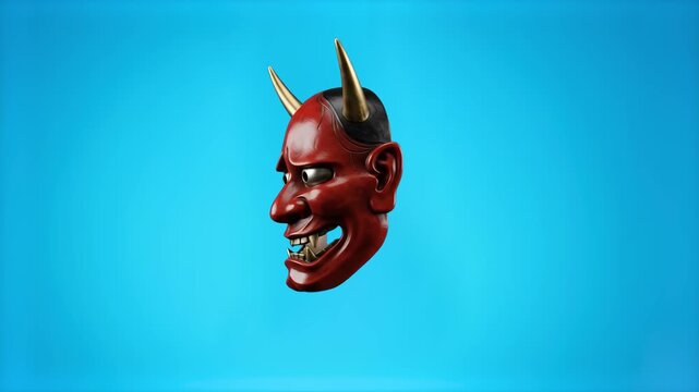 A traditional Japanese folklore Oni (demon) red mask with golden horns and a menacing grin. 3D render floating against a light blue chroma key background.