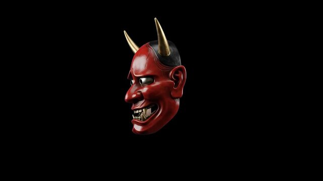A detailed 3D render of a fierce red Japanese Hannya mask featuring metallic horns and sharp teeth, turning gracefully against a dark black background. Ideal for dramatic theater intros, gaming assets