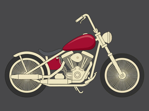 Vintage Custom Red Chopper Motorcycle Flat Vector Illustration