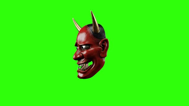 A detailed 3D animation of a traditional red Japanese Hannya demon mask with golden horns and glowing eyes, rotating slowly against a chroma key green background. Excellent for custom video compositin