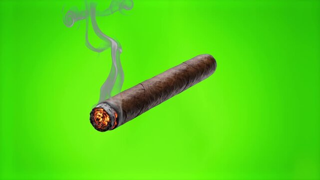 A detailed 3D animated cigar smoldering with red glowing embers, burning ash, and smooth white smoke rising up against a green screen chroma key background.