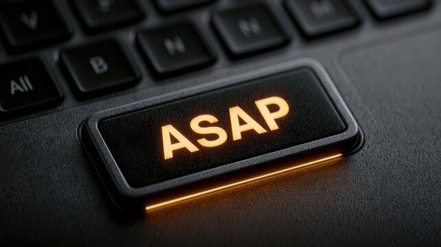 A close-up image of a black keyboard key with the word "ASAP" illuminated in orange light.