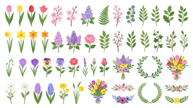 Spring Flowers Collection: Tulips, Daffodils, Roses, Lilacs, Spring Wreaths