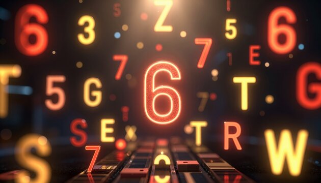 Floating Glowing Numbers and Letters in Digital Abstract Space