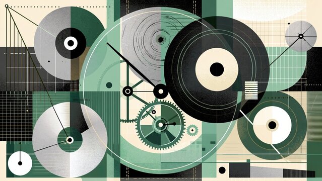 Abstract geometric clock layout featuring layered circular forms and spinning gears.