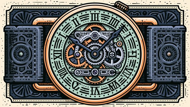 Intricate mechanical clock watch face showing exposed gears and roman numerals.