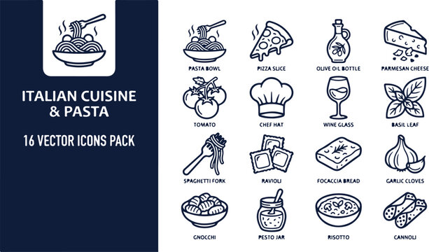 Italian Cuisine and Pasta 16 Vector Icon Pack.