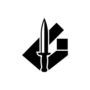 Geometric knife logo, modern dagger icon, black and white symbol, abstract design element