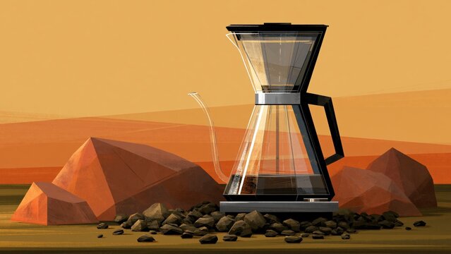 Glass pour over coffee maker standing on rocky barren alien landscape.