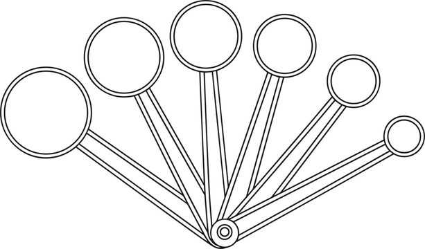 Kitchen measuring spoons set fan layout vector line art illustration for culinary baking cooking ingredient portion measurements