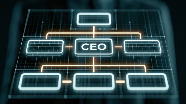 A digital organizational chart highlighting the CEO position at the center, representing corporate hierarchy and business structure.