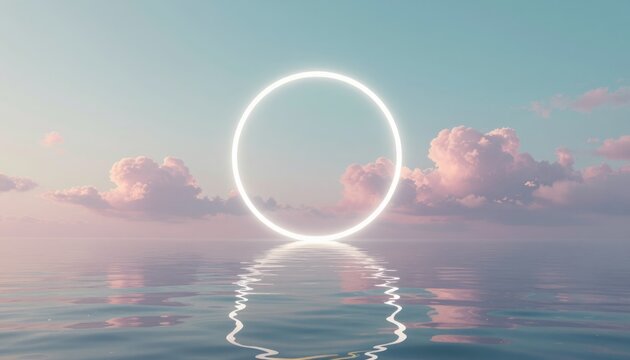 Neon Ring Floating Above Calm Ocean at Sunset