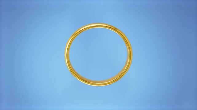 A clean, reflective 3D gold ring floating and rotating against a light blue chroma key background. Minimalist design for jewelry, wedding, or game assets.