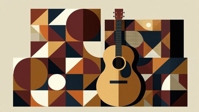 Acoustic guitar placed over background of highly colorful geometric triangle blocks.
