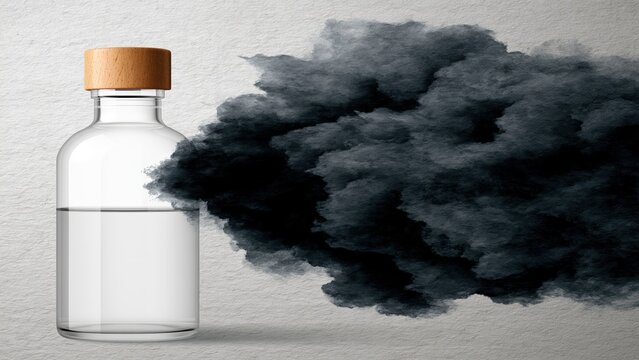 Transparent glass bottle emitting massive thick plume of dark charcoal smoke.