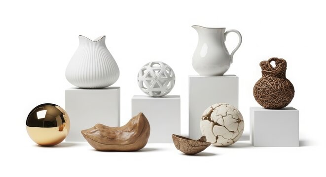 Collection of decorative ceramic and gold objects on white display pedestals with sculpture pedestal interiors ornament minimalist composition tabletop decoration lifestyle