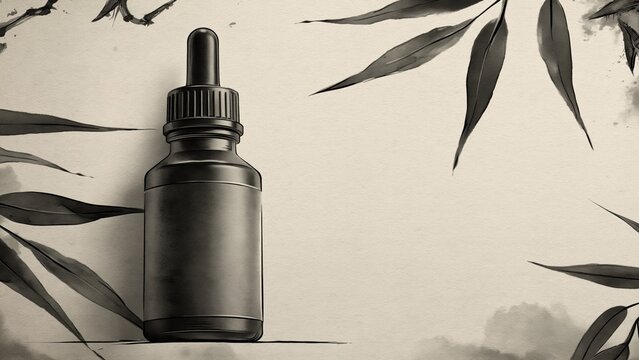 Dark dropper bottle standing against soft painted background with long leaves.