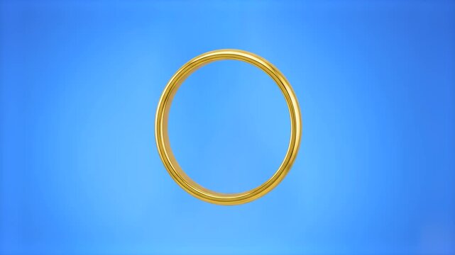 A shiny 3D metallic golden ring rotating smoothly against a solid bright blue backdrop. Ideal for game interface icons, reward animations, jewelry promotions, and UI keying assets.