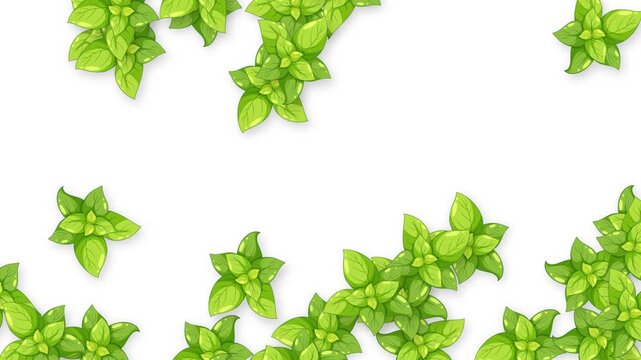 Falling Fresh Green Basil Leaves Animation on White Background